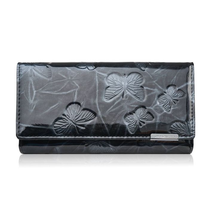 portfel damski skórzany lakierowany ze wzorem w motyle czarny sp-19-bl