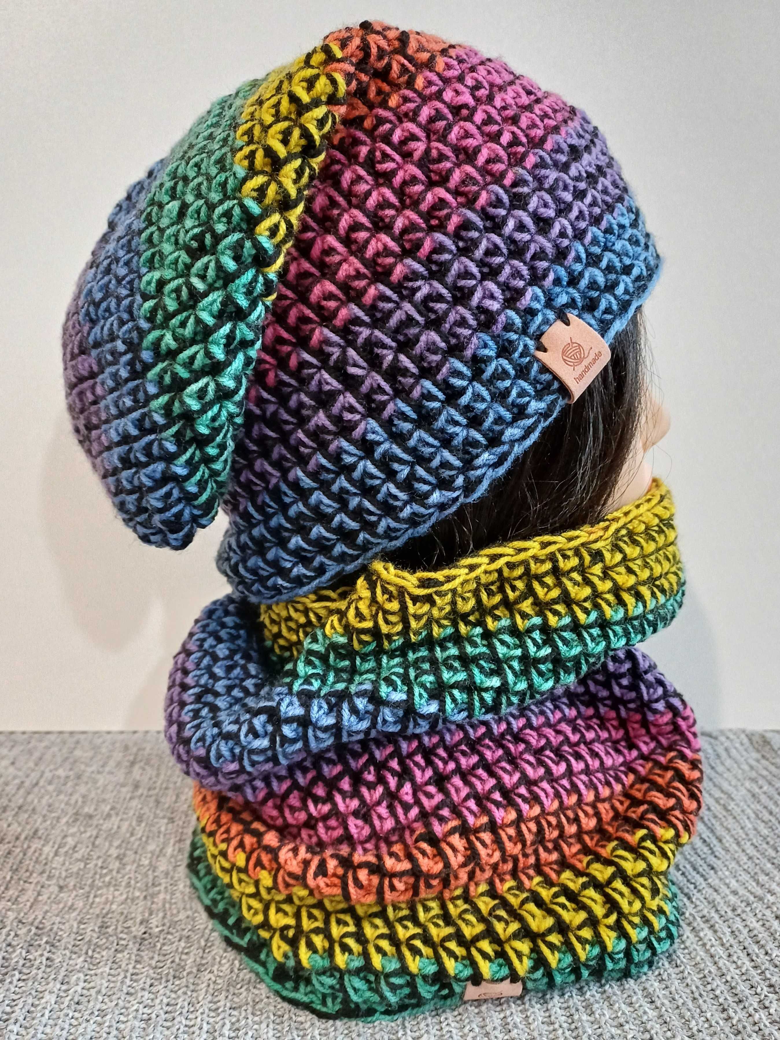Kolorowy komplet czapka beanie z długim kominem handmade na szydełku