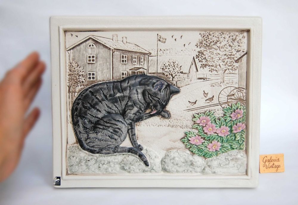 Kot, kotek, obrazek ceramiczny Jie Gantofta Sweden Szwecja vintage