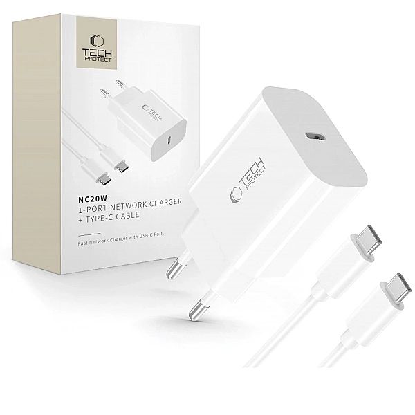 Ładowarka sieciowa Tech-Protect NC20W PD20W USB-C z kablem USB-C - bia