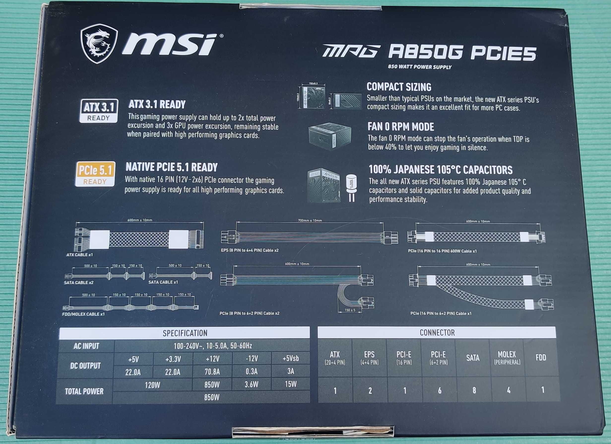 Блок живлення MSI MPG A850G PCIE5 80+ GOLD, для відео карт 40x и 50x