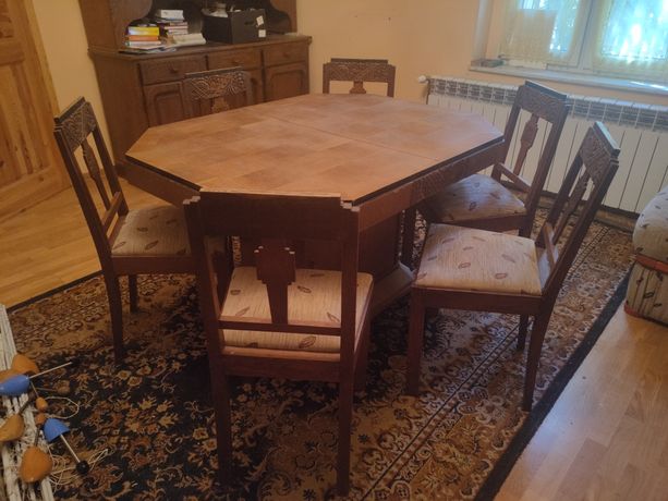 Stół z krzesłami, komplet z litego drewna