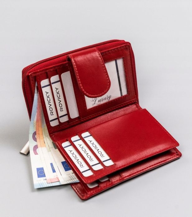 Skórzany portfel damski z systemem RFID Protect luxury nowy czerwony