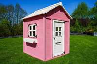 Drewniany różowy domek ogrodowy dla dzieci