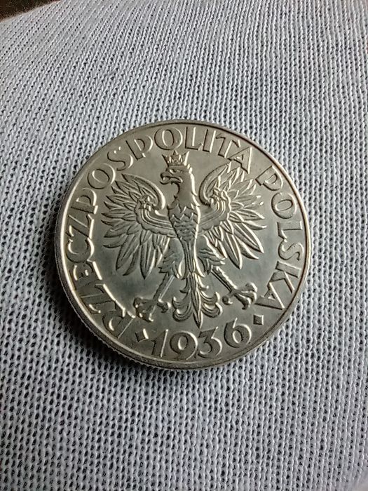 Srebrna moneta 5 zł. żaglowiec 1936 r.