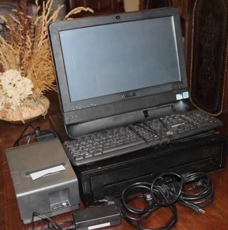 Vendo POS com gaveta, impressora de talões, monitor e teclado.