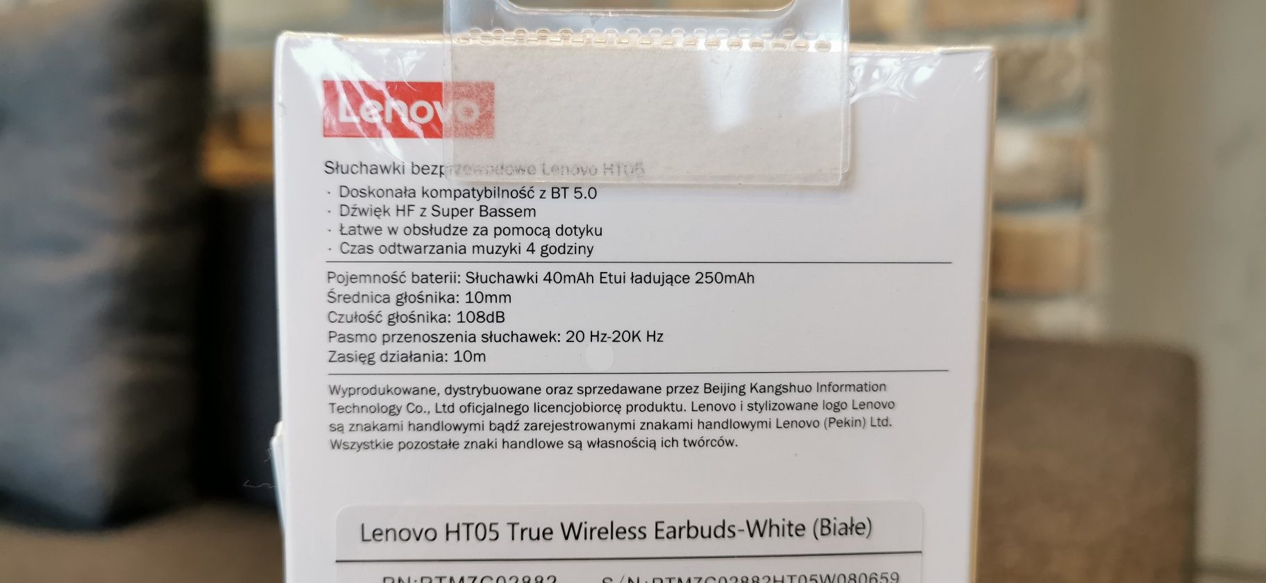 Słuchawki bezprzewodowe douszne Lenovo HT05, nowe
