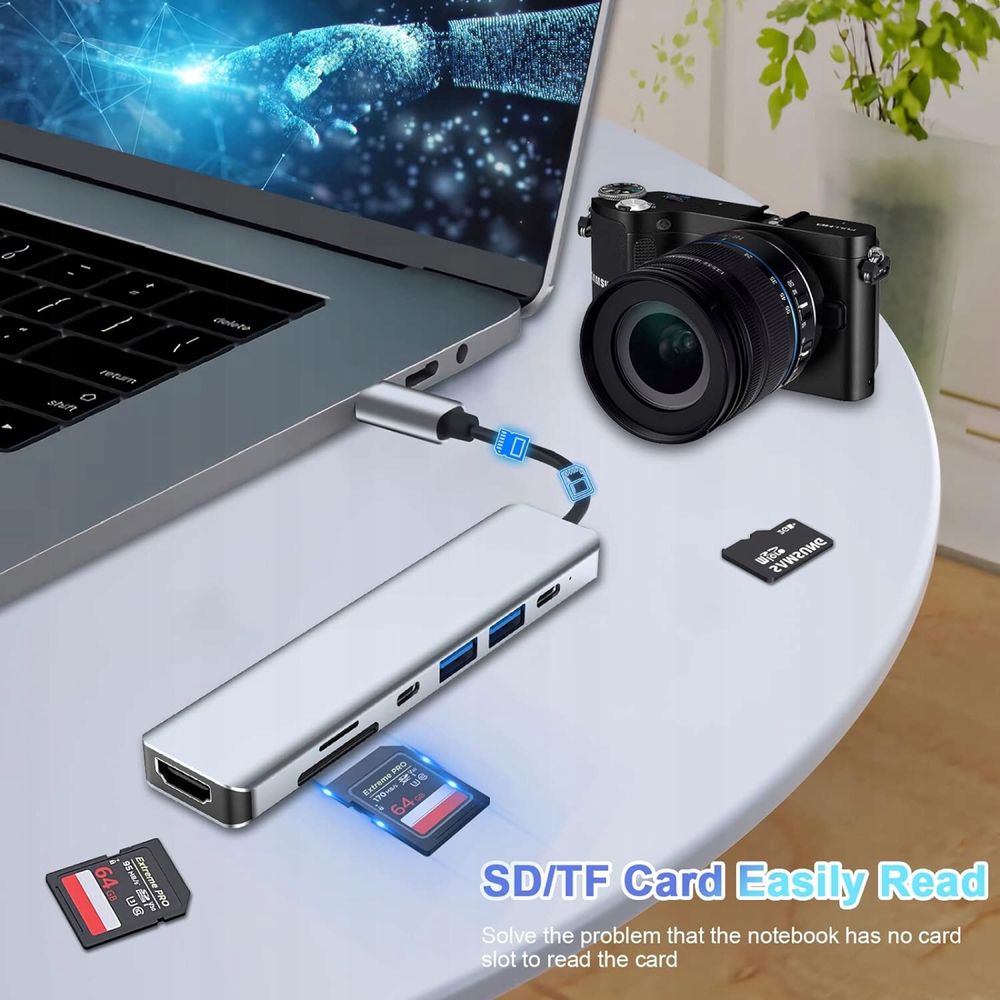 Hub USB-C z 4K HDMI, dwoma portami USB-C, USB 3.0, czytnik kart SD/TF