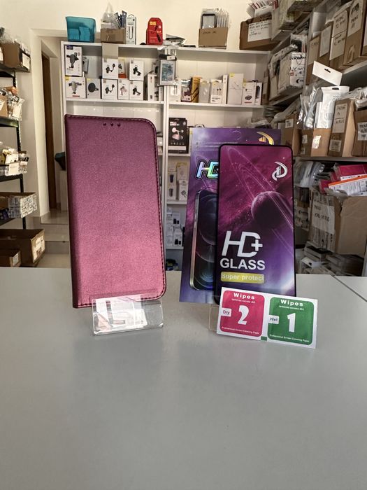 Etui Zamykane bergundowe + SZKŁO cały ekran do OPPO RENO 13F 5G