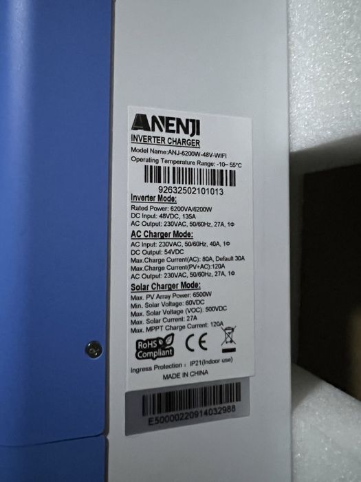 Гібридний інвертор Anenji 6.2 кВт із вбудованим Wi-Fi Нова модель!