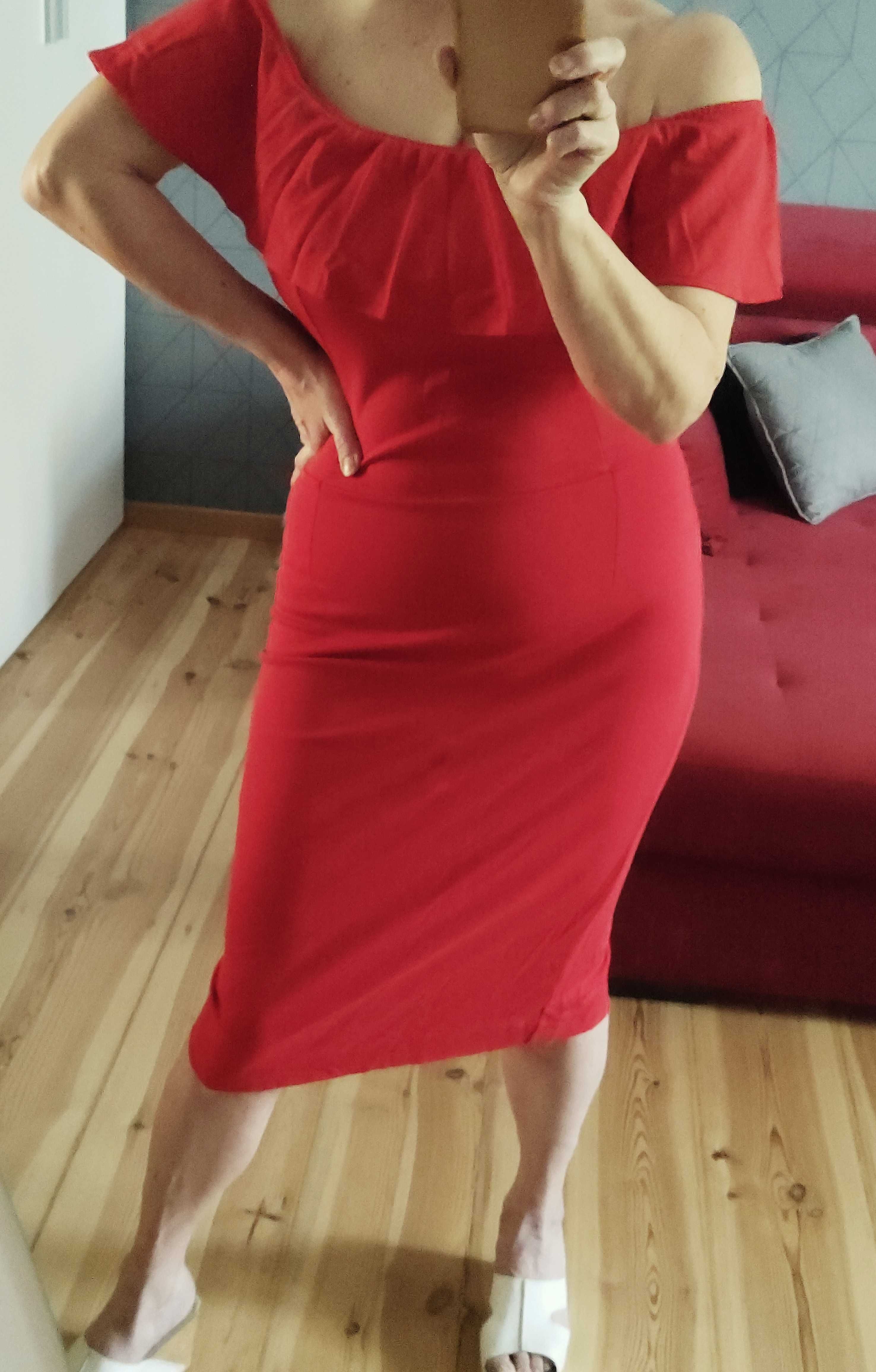 Imprezowa, koktajlowa MIDI sukienka czerwona hiszpanka.