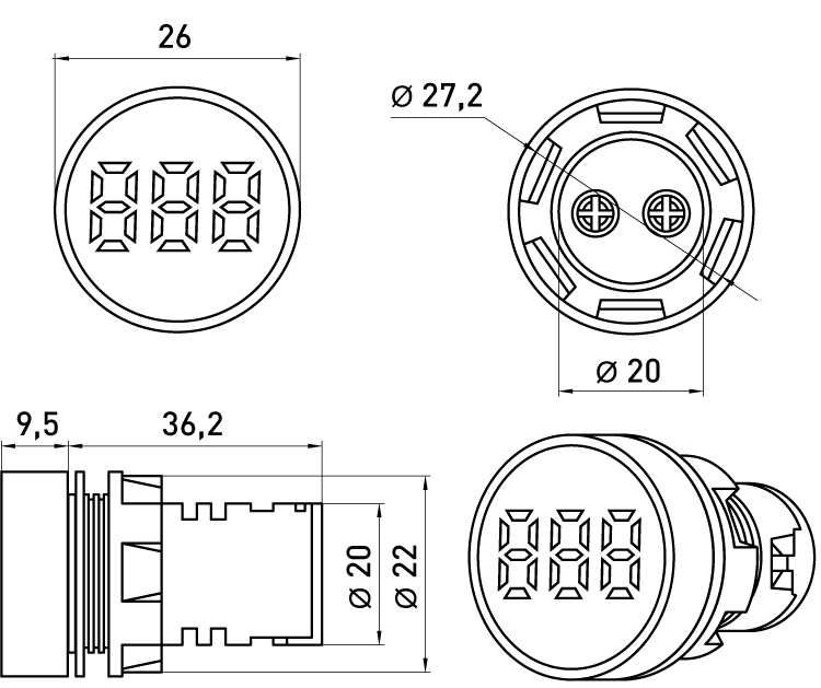 Wskaźnik prądu LED 22mm, 5-100 A