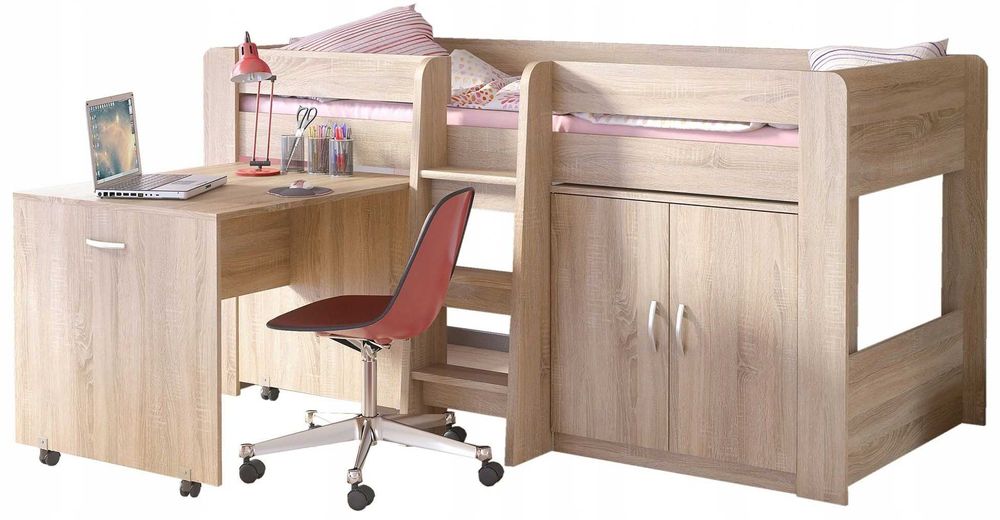 Łóżko piętrowe z biurkiem i szafką