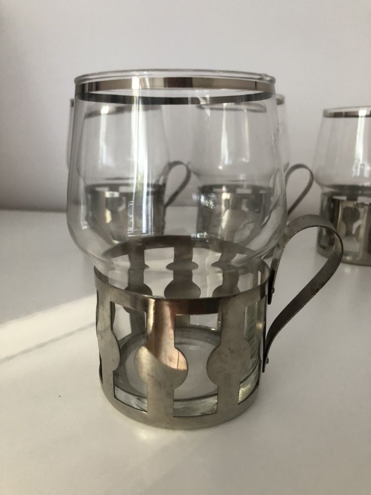 Komplet 6 szt. szklanek z koszyczkiem PRL zestaw srebrne zdobienie