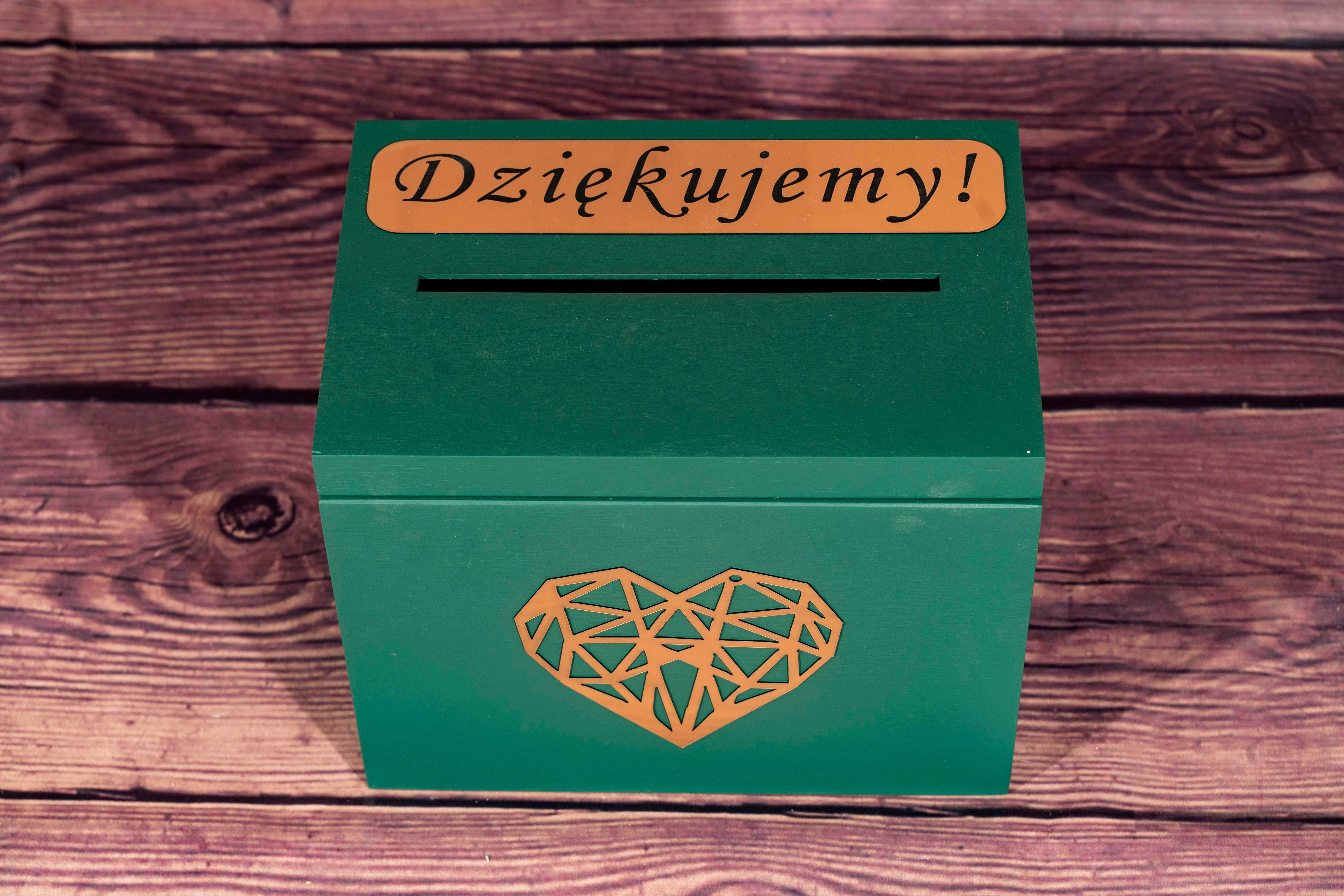 pudełko na obrączki zielone, złote napisy, nowe