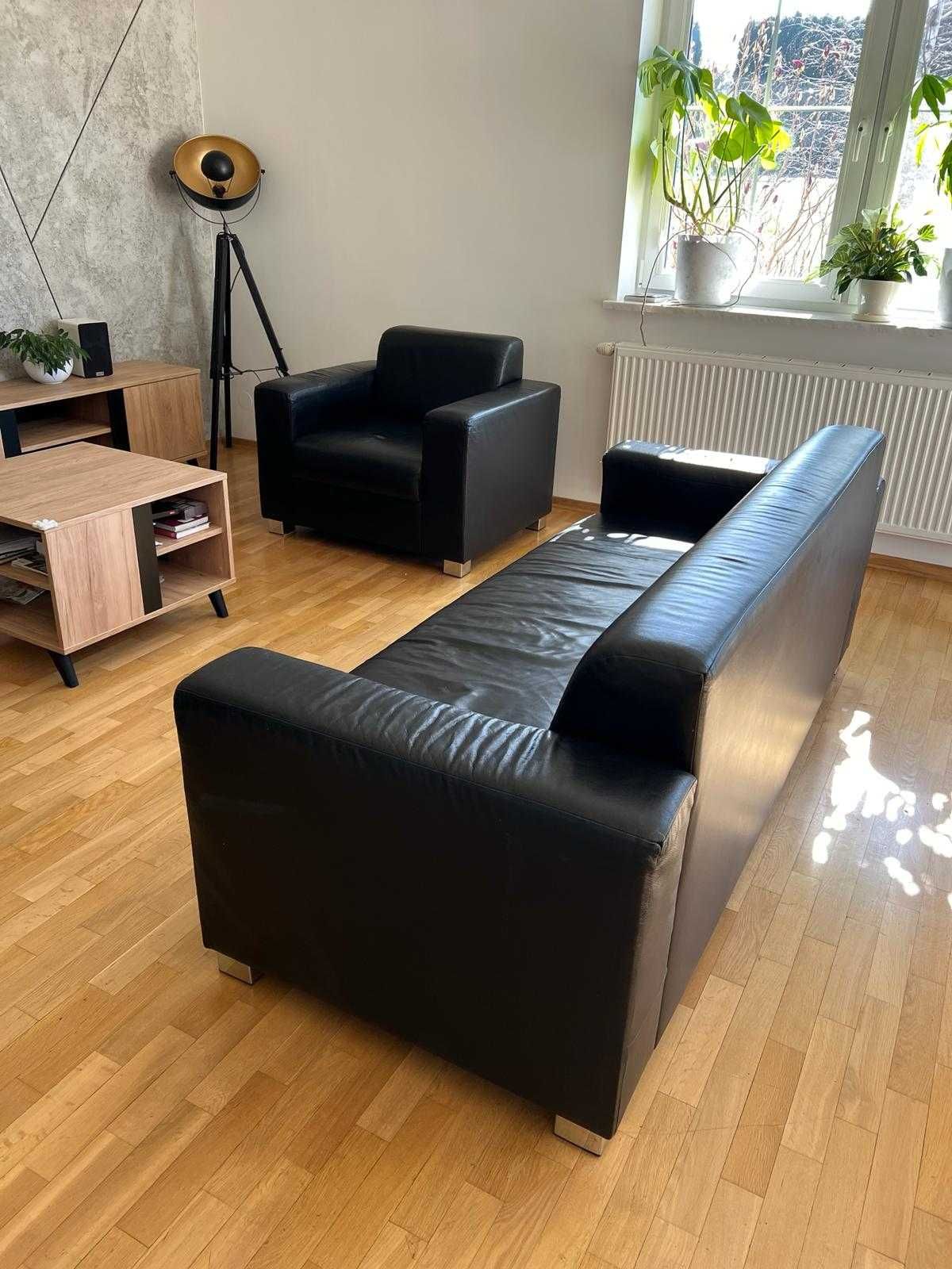 Sofa + 2x Fotel - czarna skóra naturalna - sprężyny - Jakość Premium