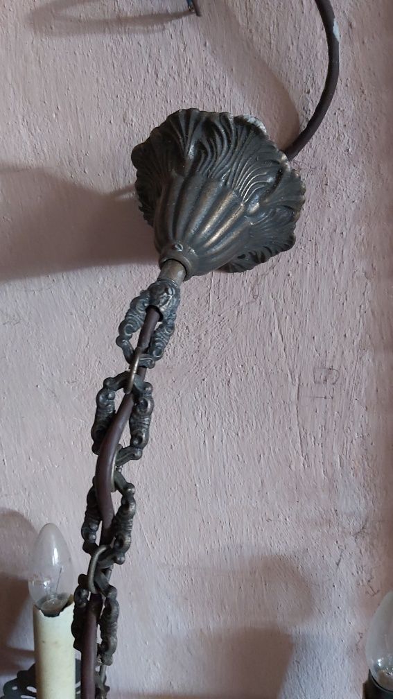 Żyrandol prl 5 ramienny i klinkiet drewniano metalowy, lampa wisząca