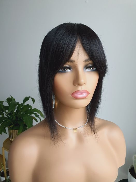 Tupet topper z włosów naturalnych czarny z grzywką Jowita