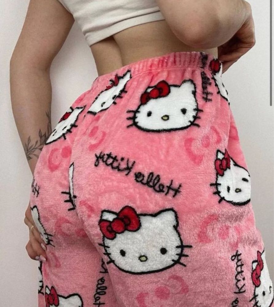 Плюшеві піжамні Штани Hello Kitty дитячі дорослі пижамные штаны китти