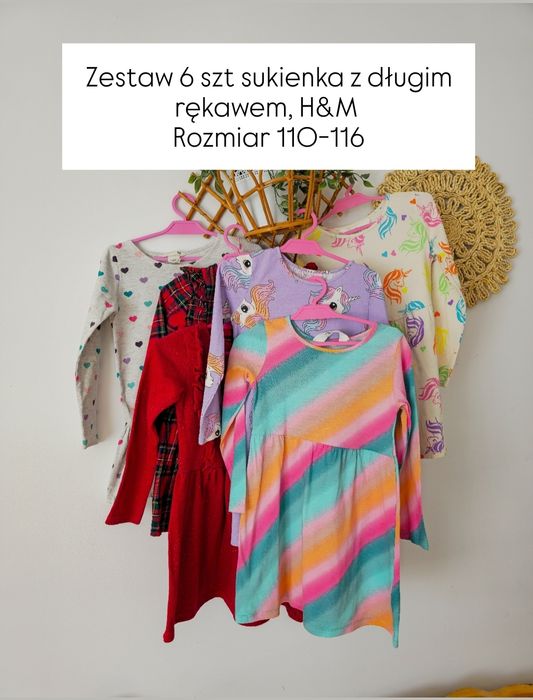 Zestaw 6 szt sukienka z długim rękawem H&M 110 116 przedszkole jednoro