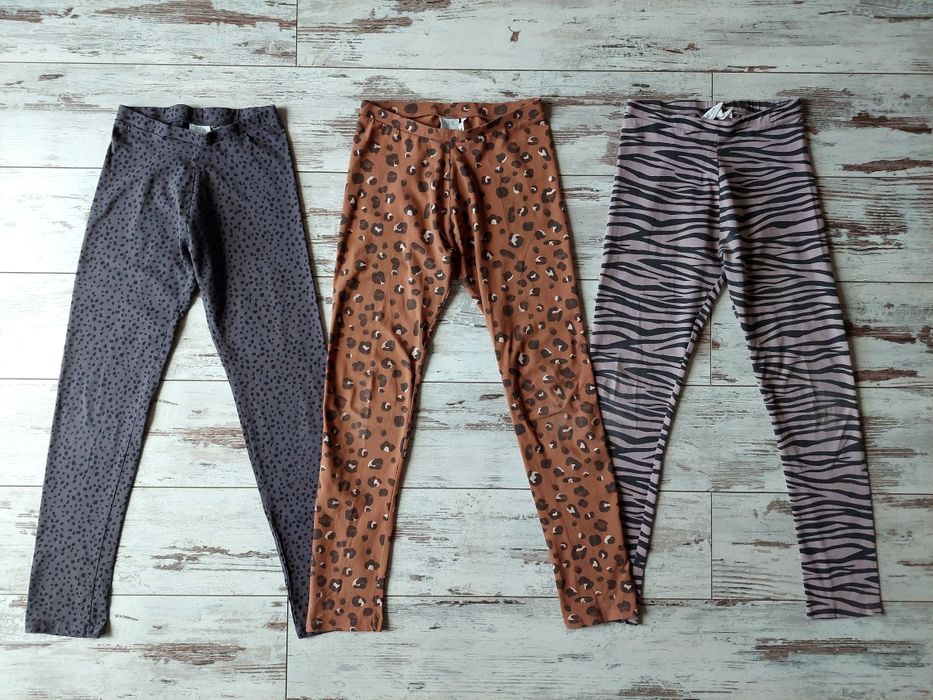 Zara, 3-pack, legginsy animal print, zebra, panterka, beż, szary r.152