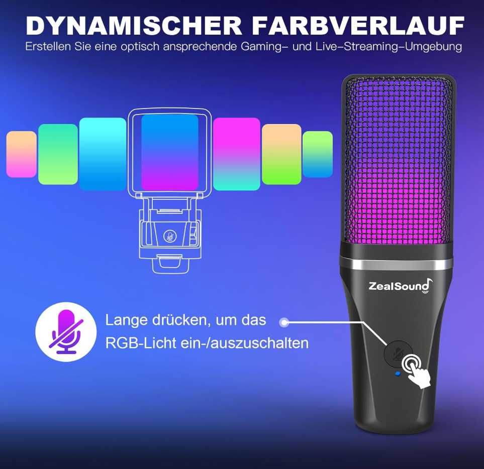 zealsound Mikrofon gamingowy USB PC, do streamingu podcast Studio