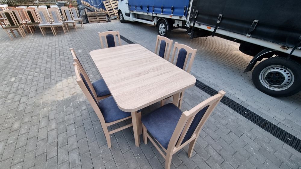 OD RĘKI: STÓŁ 80x140/180 + 6 KRZESEŁ, sonoma + metaliczny granatowy