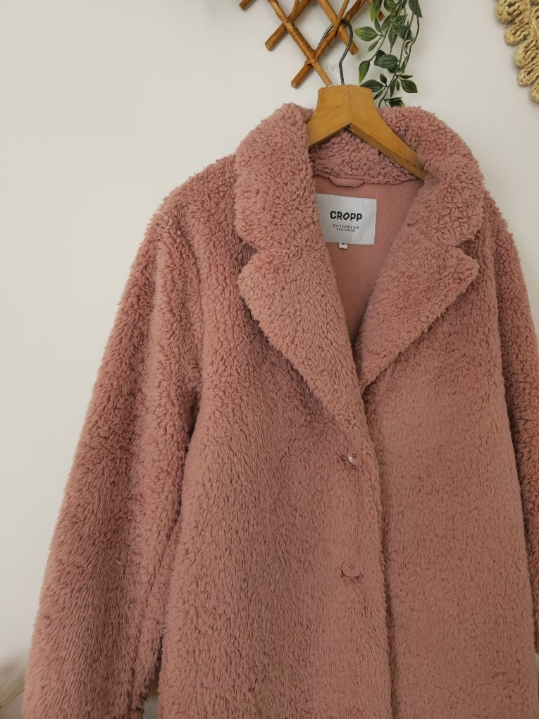 Kurtka płaszcz miś teddy różowy brudny róż cropp XL