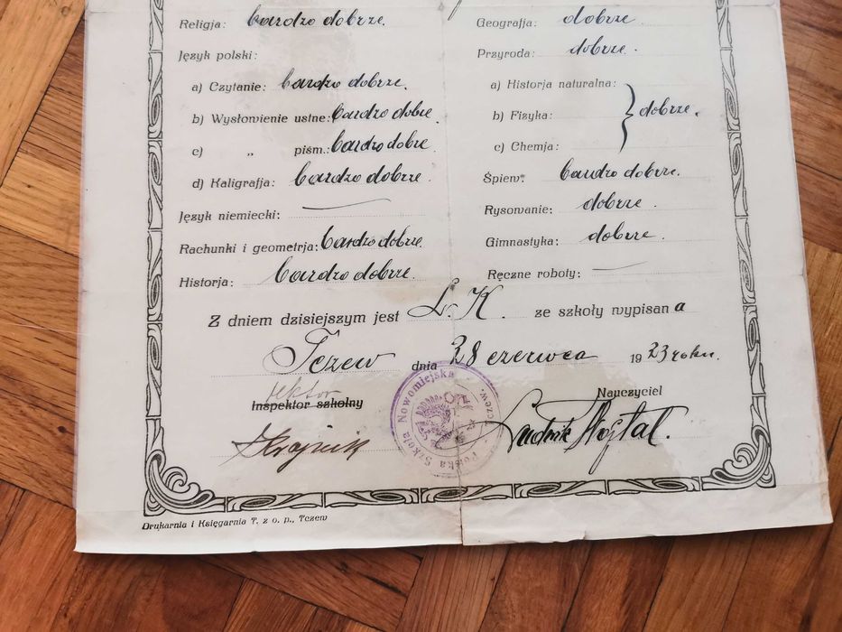 Świadectwo szkoły katolickiej z 1923 roku