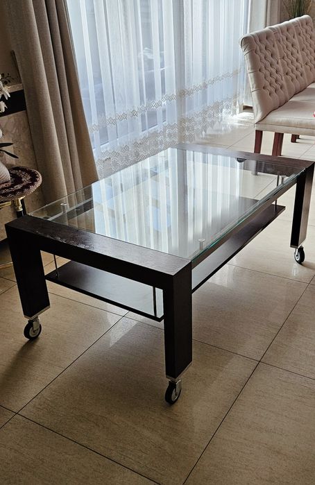 Szklana ława stolik kawowy w kolorze ciemnego drewna wenge kółka SALE