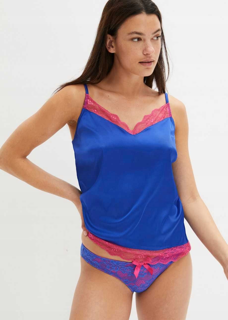 B.P.C top satynowy niebieski z różową koronką r.40/42