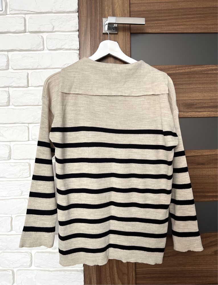 Beżowy sweter damski pasy paski delotem wiosnę modny M 38 S 36 money