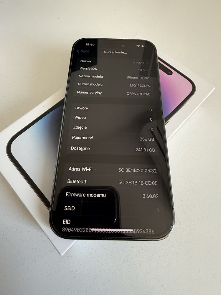 iPhone 14 Pro 256gb Deep Purple Idealny Bateria 100%