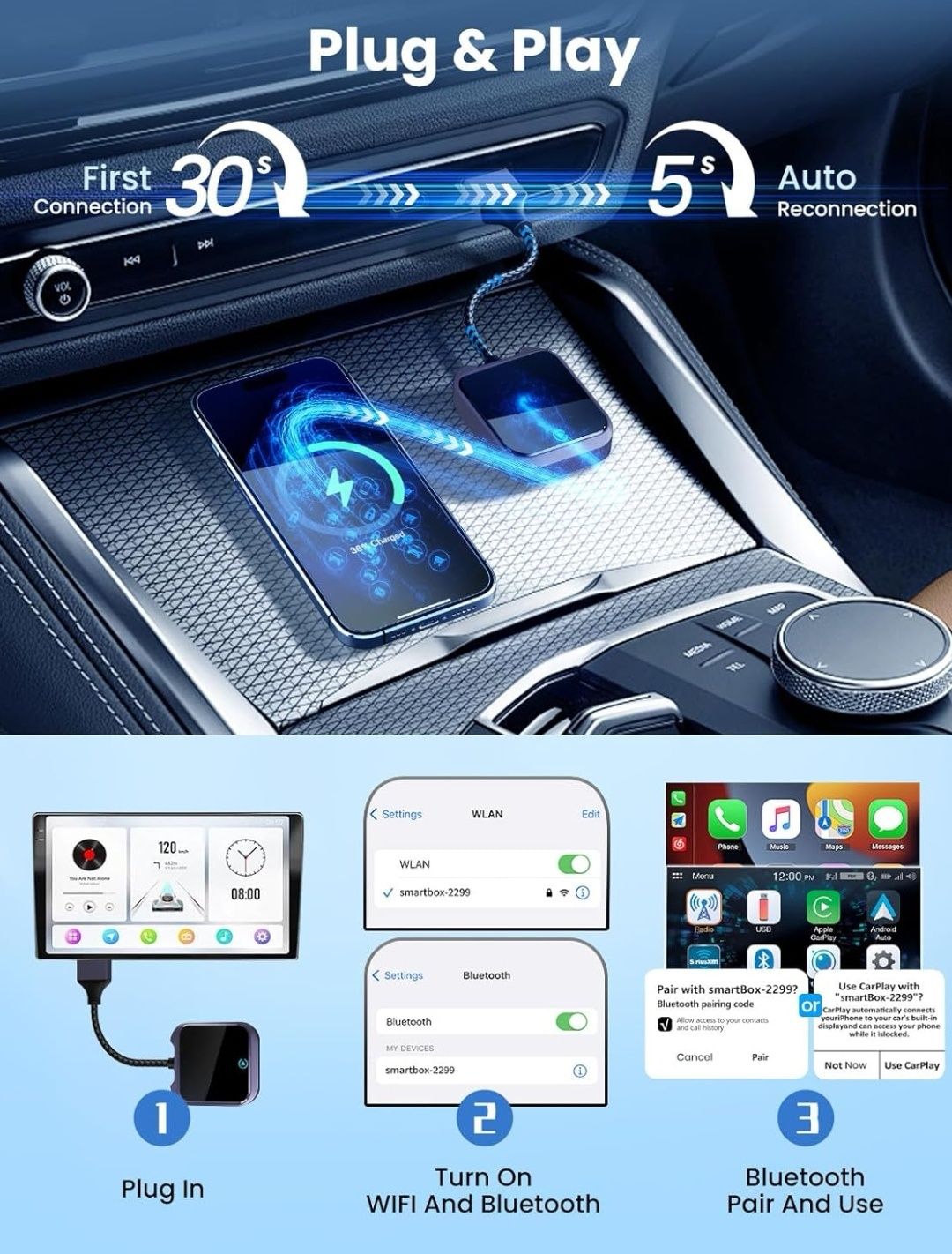 Bezprzewodowy adapter Carplay i Android Auto z szybkim i stabilnym 5GH
