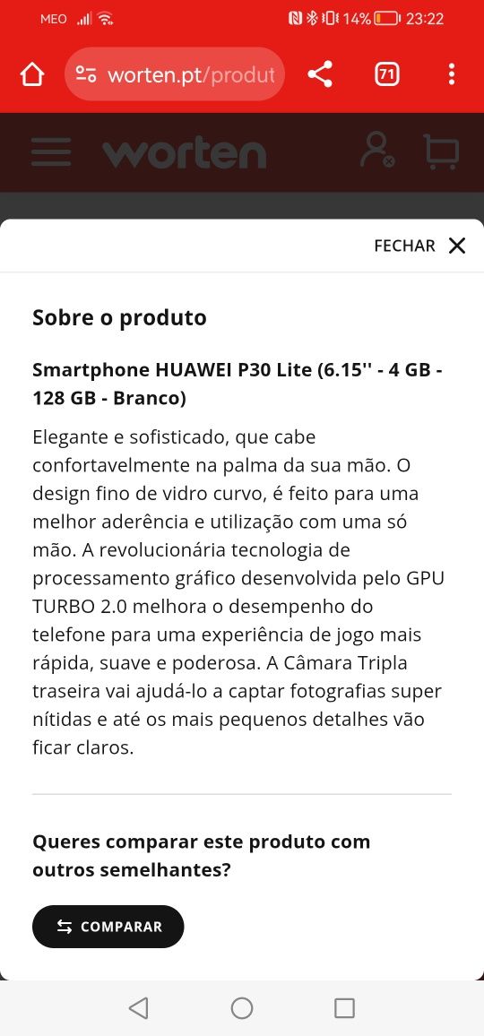Huawei P30 Lite 128 GB Branco como Novo, Barato!