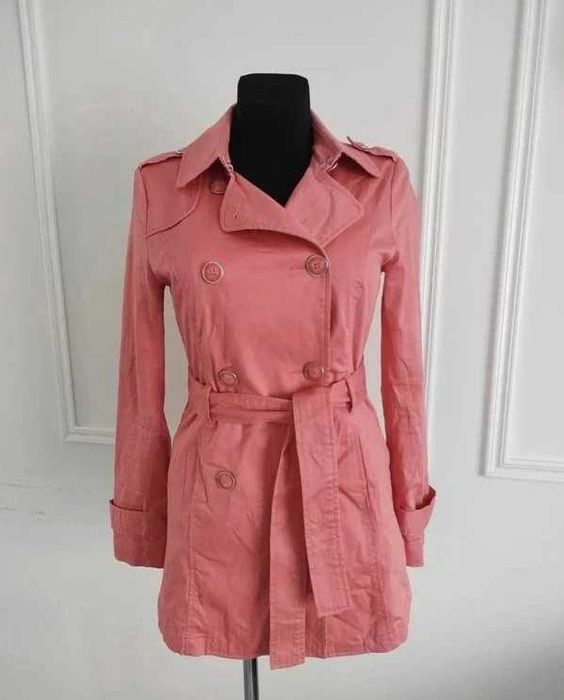 płaszcz morelowy, cienki trencz na wiosnę, dwurzędówka, bawełna