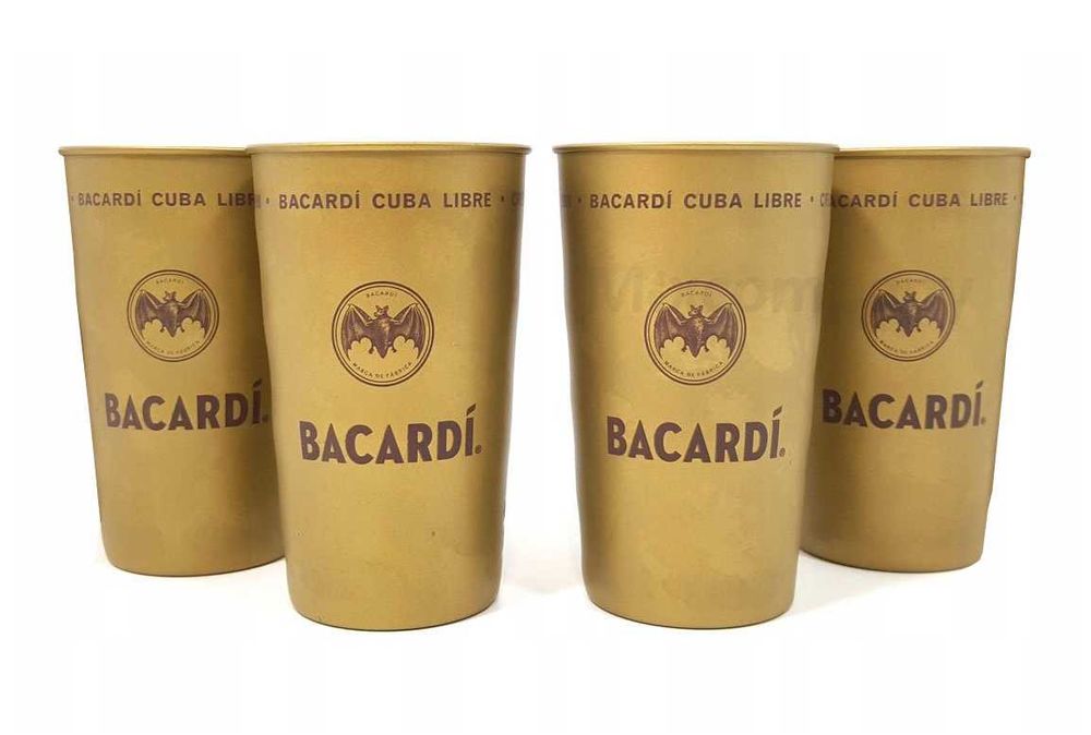 Metalowe Złote Kubki Szklanki Bacardi Miedziane 4 Sztuki + Nalewak