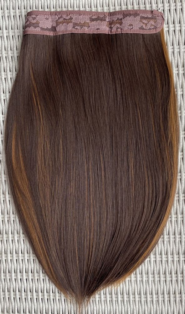 Włosy doczepiane, ciemny brąz / pasemka, włosy na żyłce ( 415 )