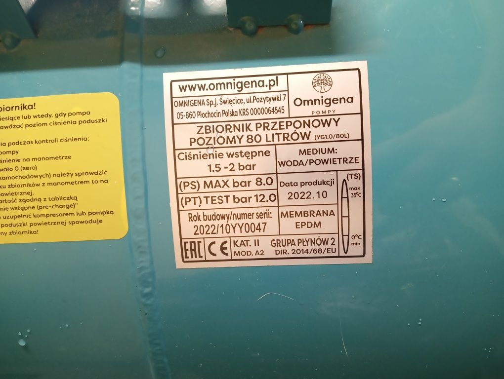 Zbiornik na wodę omnigena, hydrofor hydroforowy 80 litrów przeponowy