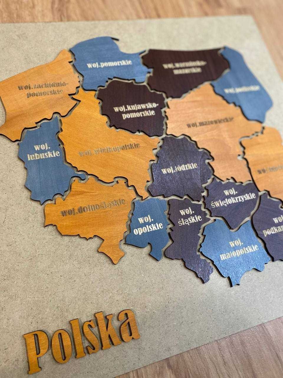 Drewniana mapa Polski 3D Miasta dekoracja ścienna