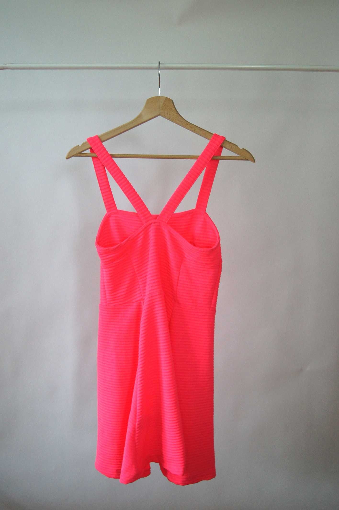 Różowa neonowa sukienka H&M 36S krótka letnia na ramiączkach na lato