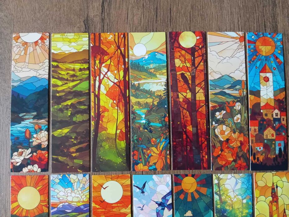 21 kartonowych zakładek do książek z krajobrazami w formie witrażu