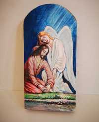 Jezus z aniołem namalowany na desce