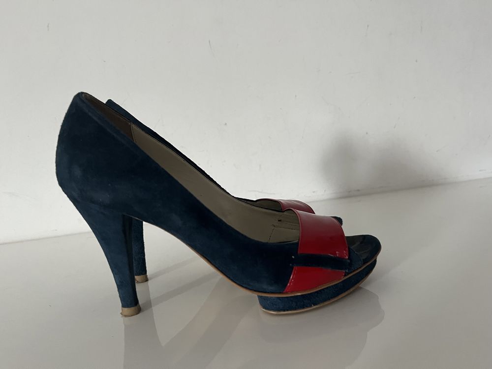 Szpilki buty Venezia nubuk granatowy czerwony platforma rozm. 36