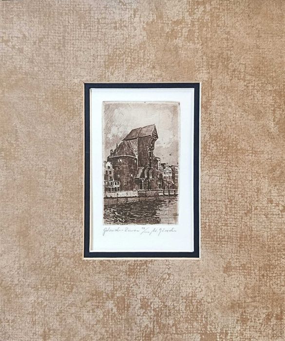 Grafika-akwaforta Gdańsk "Żuraw" W. Górecki oprawiona w passe-partout