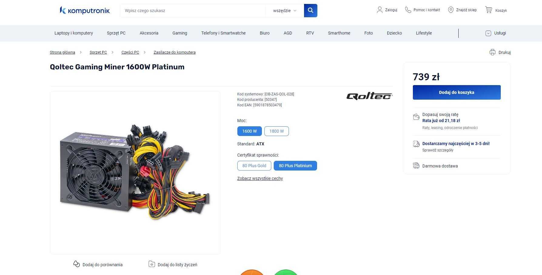 Qoltec ATX 1600W PLATINIUM 80 plus !!