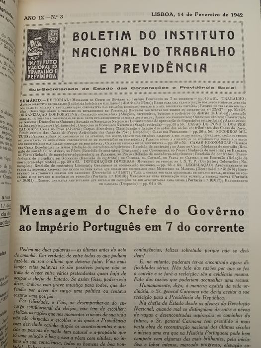 Boletim do Instituto Nacional do Trabalho e Providência " Estado Novo
