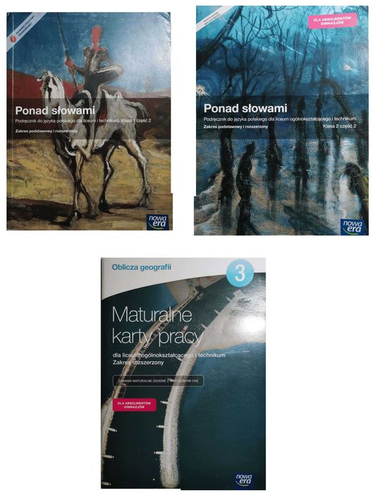 Zestaw 3 podręczników, liceum, klasy 1-3: geografia, język polski