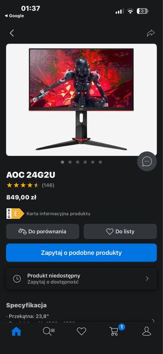 Monitor AOC | 1ms | 144hz | IPS | 24 cale |