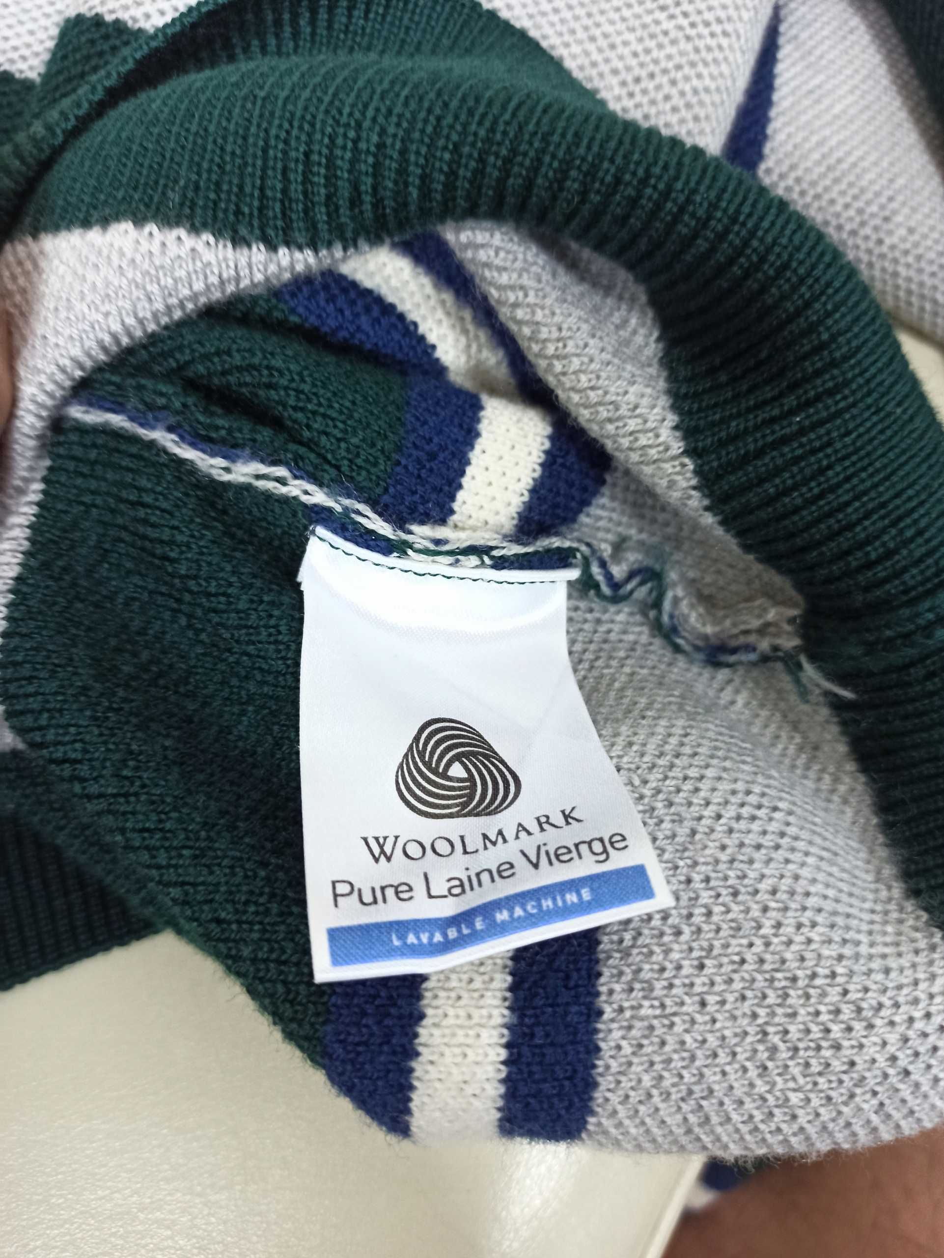Męski wełniany zielony sweter w paski M new wool